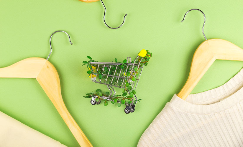 a tiny shopping cart filled with vines laying against a green background surrounded by wooden hangers holding beige clothing items